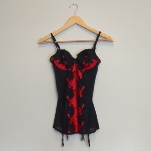 Victoria's Secret 34B Bustier Corset Top Black And Red Lace With Garter Straps